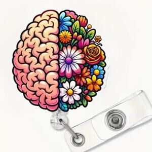 Brain & Floral Retractable ID Badge Snap Holder Clip Teacher Nurse Doctor